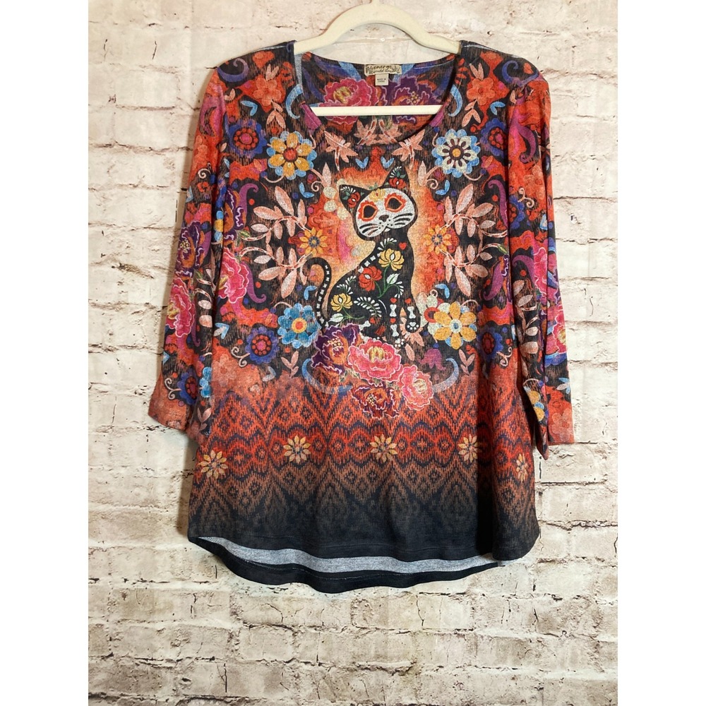 Energe World Wear Artsy‎ Top Womens Large Colorful Florals & Cat Print Stretch